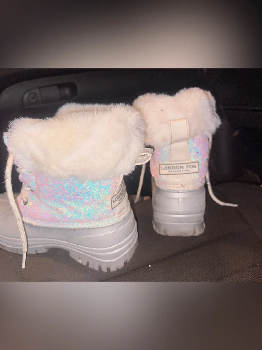 London Fog Iridescent Faux Fur Duck Boots - Cream/Silver